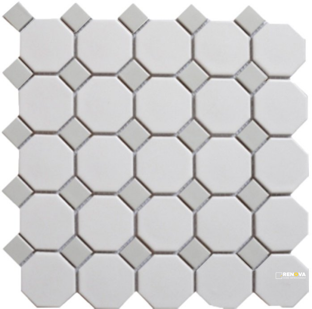 CC MOSAICS MATTE SNOW WHITE W/ GREY OCTAGON MOSAIC - 2