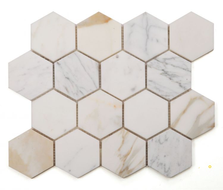 HEXAGON CALACATTA GOLD HONED MOSAIC 3" X 3" - 3