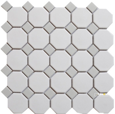 CC MOSAICS MATTE SNOW WHITE W/ GREY OCTAGON MOSAIC